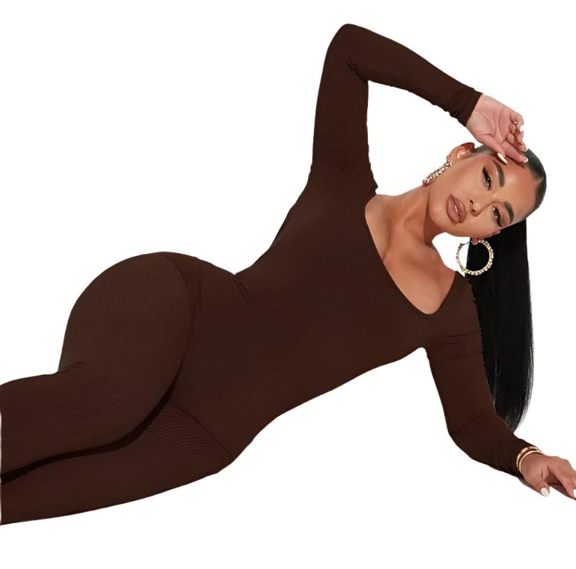 Moneyspeaks women workout seamless jumpsuit yoga ribbed waist long sleeve