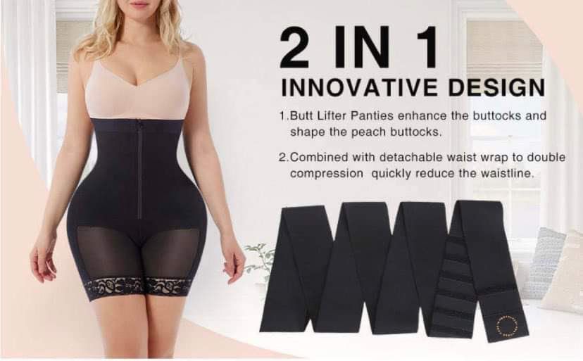 Moneyspeaks 2in1 Shapewear for Women Tummy Control Faja Butt Lifter Body Shaper Thigh Slimmer Shorts with Removable Waist Wrap